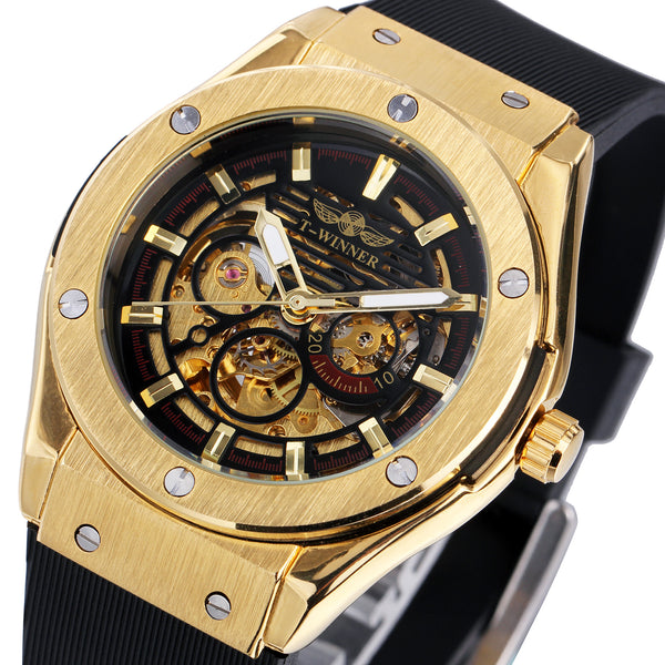 Golden Metal Bolt Skeleton Dial Rubber Strap Wrist Watches - agowatches
